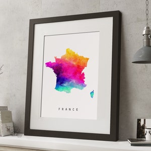 Acuarela FRANCE Arco iris mapa impresión, *UNFRAMED *, A4 arte moderno de la pared