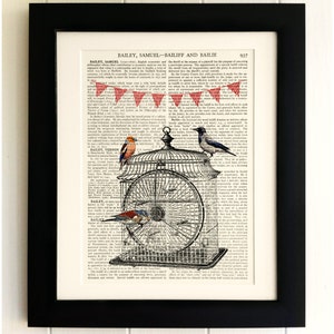 ART PRINT on old antique book page - Square Bird Cage & Bunting, Vintage Upcycled Wall Art Print, Encyclopaedia Dictionary Page, Fab Gift!