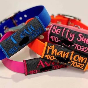 May include: Four colourful dog collars with black personalised tags. The tags have the names "Tall", "Betty Sue", "Phantom", and "Ava" embroidered in different colours, along with a phone number.