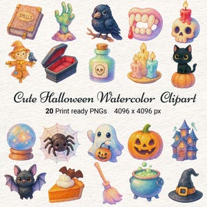 Pode incluir: Clipart em aquarela com ilustrações temáticas de Halloween. Inclui um livro de feitiços, uma mão de zumbi, um corvo, dentes de vampiro, uma vela de caveira, um espantalho, um caixão, uma garrafa de poção, velas, um gato preto em uma abóbora, uma bola de cristal, uma aranha, um fantasma, uma abóbora, uma casa mal-assombrada, um morcego, uma torta, uma vassoura, um caldeirão e um chapéu de bruxa. O texto diz "Cute Halloween Watercolor Clipart".