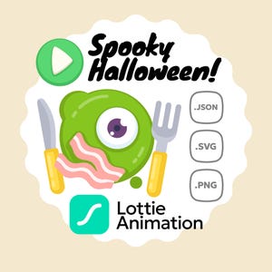 May include: A whimsical Halloween-themed graphic with a green eyeball character, bacon, knife, and fork. The text "Spooky Halloween!" is displayed above. Includes file type icons for .JSON, .SVG, and .PNG, and the Lottie Animation logo.