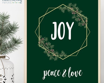 Joy Peace & Love Printable Christmas Wall Art, Printable Christmas Sign, Christmas Wreath Print