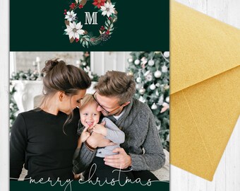 Personalized Family Christmas Card with Photo and Wreath and Monogram, Printable Holiday Card