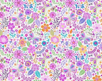 108" Enchanted Garden Cream Pink Floral butterflies - Micheal Miller Wide Quilting back Cotton Fabric