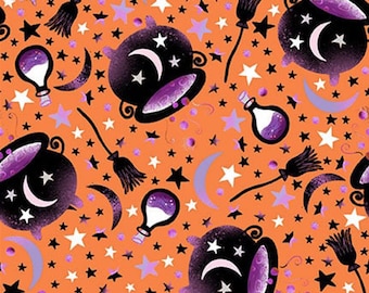 Orange Cauldrons - Ghostly Greetings - Cotton Halloweern Quilting Fabric GHOSTLYGREET-B-4137-33