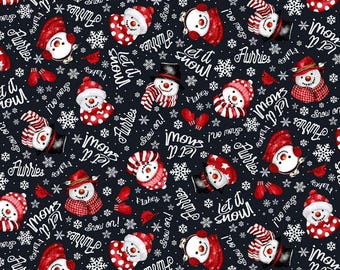 Snowmen Let it Snow Flannel Black fabric Snowcrew Warm Cozy Quilt Backing  1289-98