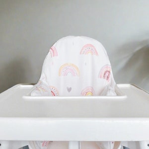 Rainbow IKEA High Chair Cushion Cover - Washable and wipeable 100% Polyester Fabric - Pink Rainbow Print