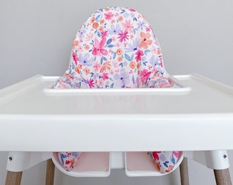 Pink Floral IKEA Highchair Cushion Cover | ANTILOP High Chair Cover with purple flowers | Machine Washable Girls IKEA Highchair Cover