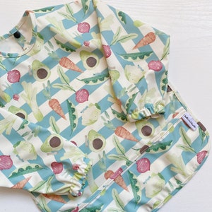 Cute vegetable print Long Sleeved Baby Bib | Coverall Wipe clean Bib | veg patch Print Toddler Bib