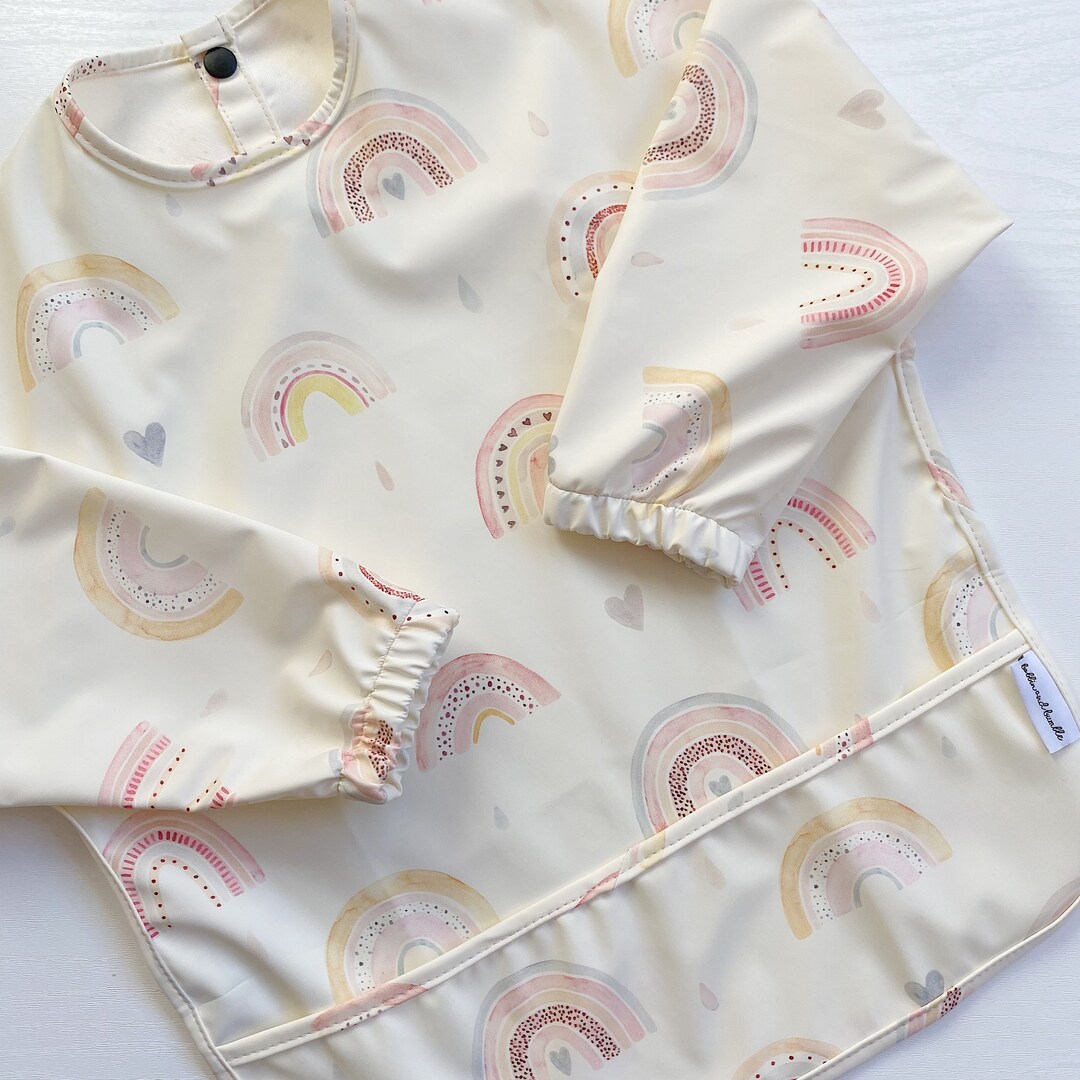Rainbow Long Sleeved Baby Bib Coverall Wipe Clean Bib Pink Rainbow
