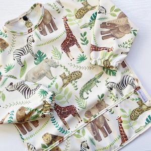 Safari Animals Long Sleeved Baby Bib | Coverall Wipe clean Bib | Jungle Print Toddler Bib