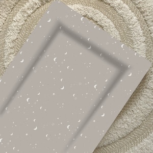 Greeny-Grey Stars Baby Changing Mat, Flat Waterproof Changing Pad, Unisex Nursery Decor, Grey Baby Mat with Moons and Stars Print