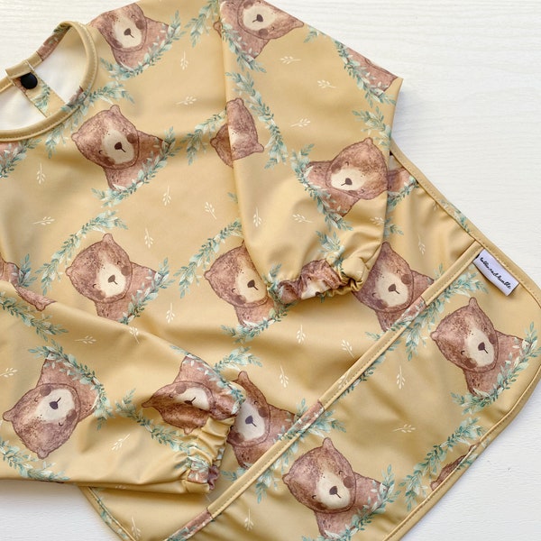 Bear Print Long Sleeved Baby Bib | Coverall Wipe clean Bib | Mustard Bear Print Toddler Bib