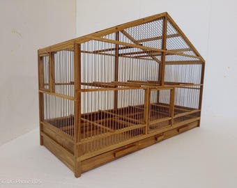 Handmade Oak & Stainless Steel Birdcage: Pull-Out Drawer, 31.5" Long