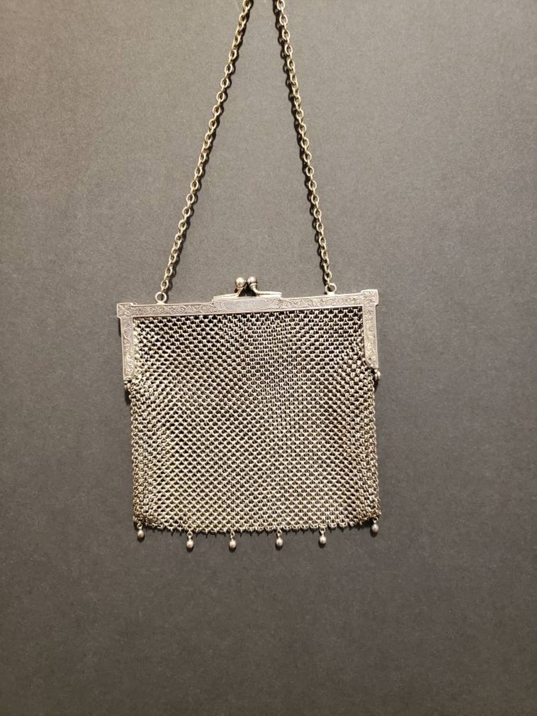 Victorian Antique German Silver Chain Link Mesh Purse Handbag + 2 Indian  Penny
