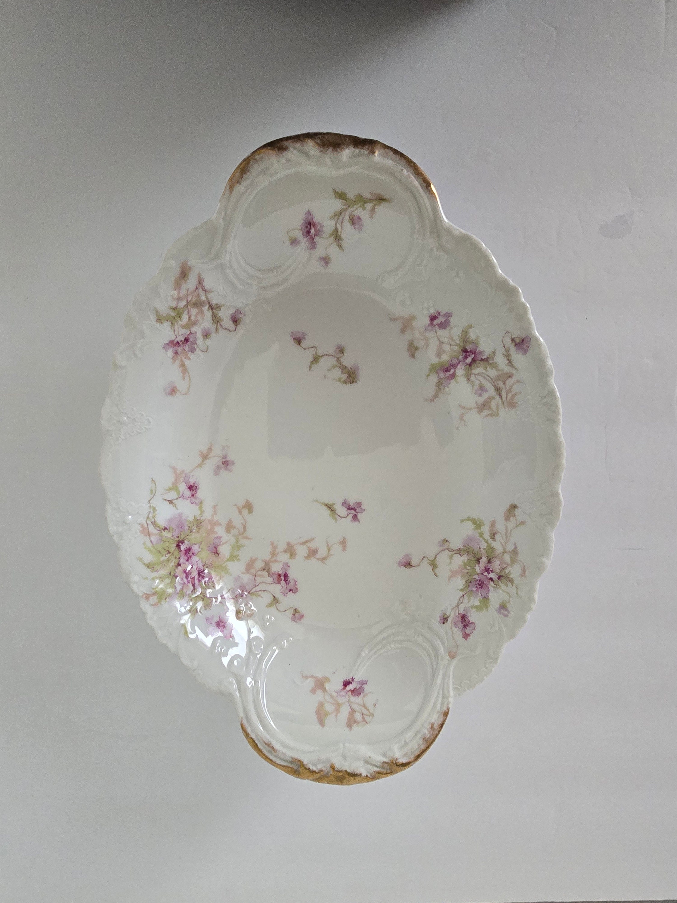 Antique Theodore Haviland French Limoges China Serving Bowl - Purple and White Florals, Beautiful And Elegant China Piece Item #1117