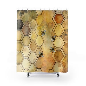 Honeycomb Pattern Shower Curtain, #105, Decorative Honeycomb and Bees Shower Curtain, Graphic Gold Honeycomb Shower Curtain