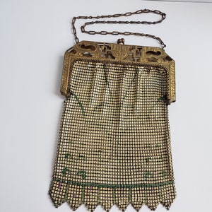 Whiting & Davis, Art Deco, Beige and Green Enameled Mesh Handbag, 1920&#39;s Enameled Mesh Bag, Item #139