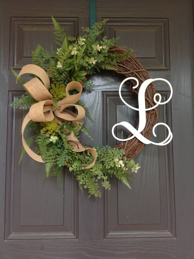 Grapevine Wreath With Greenery Suculents Burlap Bow and Etsy