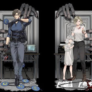 May include: A digital illustration featuring two scenes. On the left, a character in a blue shirt and gray pants holds a knife near blue circular markers labeled L, O, M, E. On the right, a character in a white shirt and black pants stands with a child in a white nightgown near a typewriter and blood-stained papers.