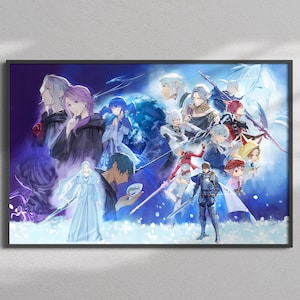 May include: A colorful illustration featuring a group of anime characters in a snowy landscape. The characters are dressed in various outfits, including a blue dress, a black cloak, and a white robe. The illustration is set against a backdrop of blue and purple hues, with snowflakes falling from the sky.