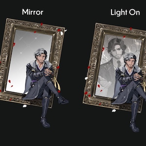 Puede incluir: Ilustración de un hombre sentado frente a un espejo. El espejo está en un marco dorado decorativo. El texto "Mirror" está encima del espejo. La imagen de la derecha muestra el espejo con la luz encendida, y el texto "Light On".