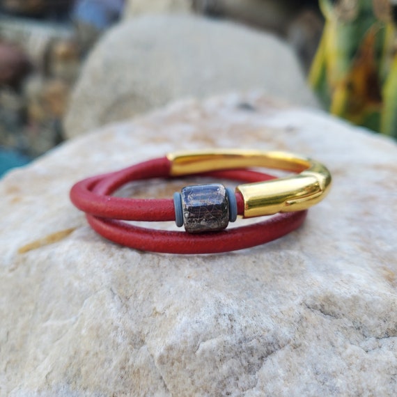 Red Leather Gold Hook Bracelet 