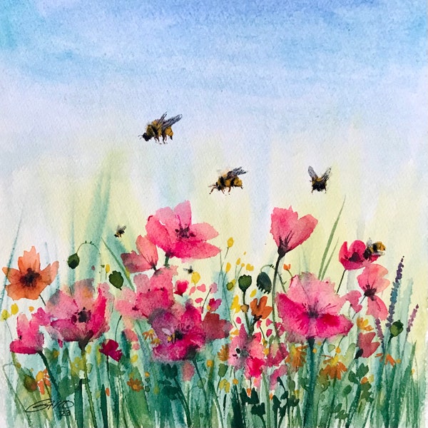 Abeilles, Bourdons, Coquelicots, Pavots, 10" x 10", rouge/rosé, Aquarelle sur papier de coton Arches, Œuvre Originale, Gallo artiste peintre