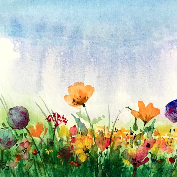 Fleurs des Champs, 6" x 8", multicolore, Aquarelle sur papier de coton Arches, Œuvre Originale, Gallo artiste peintre