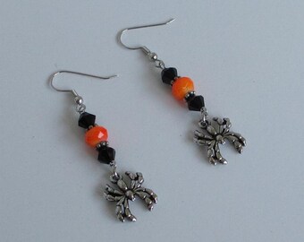 Orange Black Spider Earrings, Halloween Jewelry