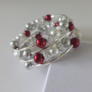 Red White Gray and Silver Christmas Holiday Memory Wire Coiled Bracelet