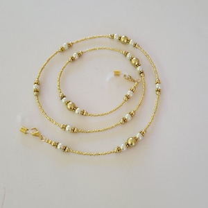 Gold and White Pearl Beaded Eyeglass Holder Eyeglass Lanyard Eyeglass Leash Face Mask Holder