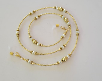Gold and White Pearl Beaded Eyeglass Holder Eyeglass Lanyard