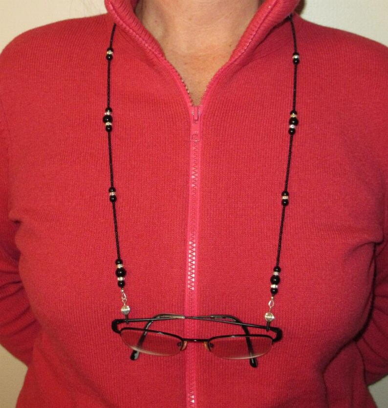 Black and Rhinestone Beaded Eyeglass Chain, Eyeglass Holder, Eyeglass