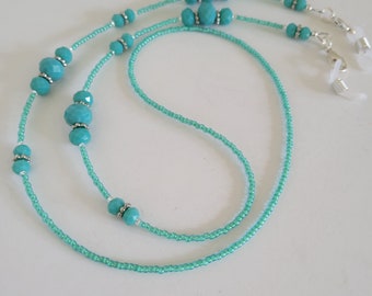 Turquoise and Silver Beaded Eyeglass Chain Holder Lanyard Eyeglass Keeper