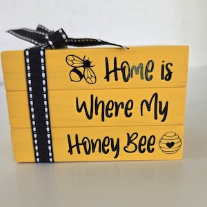 Home is Where My Honey Bee Spring Summer Mini Wooden Book Stack, Tier Tray Decor