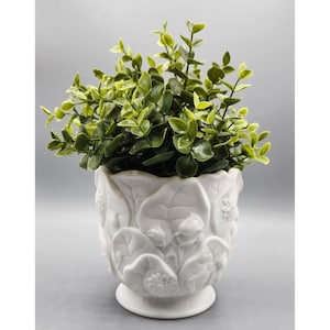 May include: White ceramic planter with a raised design of leaves and flowers. The planter is filled with a green leafy plant.