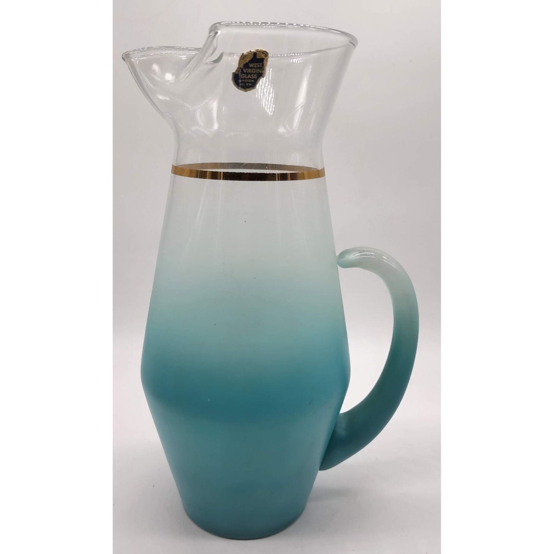 MCM 1950s West Virginia Glass Blendo 80 Oz Aquamarine Frosted Glass
