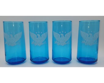Vintage Blue Embossed White Eagle Patriotic Independence Day Glass Tumblers Set of 4