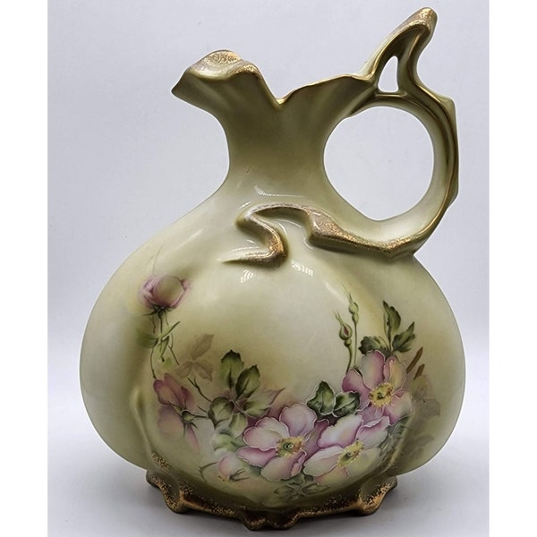 NIPPON Handpainted Reproduction Green Pink Floral Gilt Porcelain Pitcher