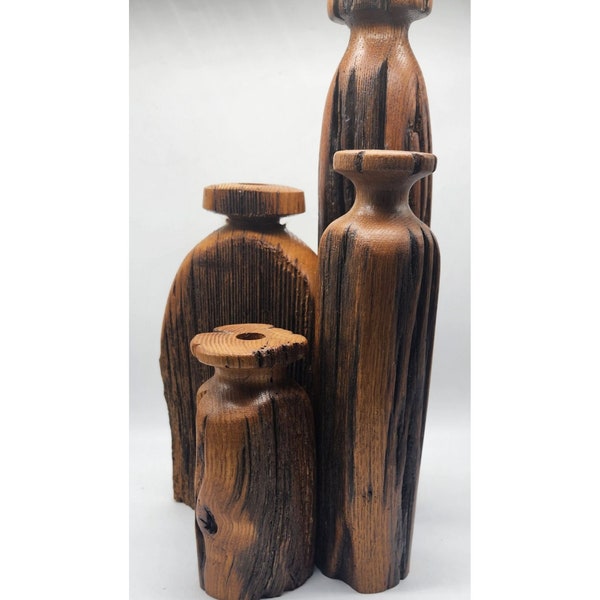 Hand Carved Old American Chestnut Wood Rustic Split Rail Fence Vases Set of 4