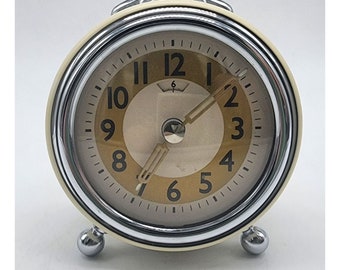 Pottery Barn Art Deco Style Battery Operated Beige Metal Alarm Clock **WORKS**