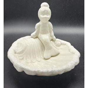 Hand Painted White with Foam Accents Mermaid & Shell ceramic Trinket/Soap Dish