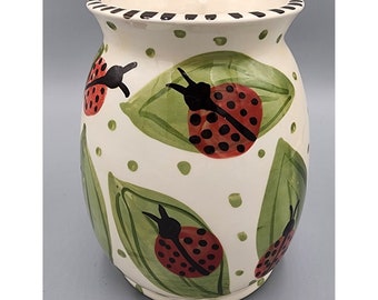 Hand Painted Signed Lynn Morris Red & Green Ladybugs Leaves Spring Ceramic Vase