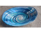 Vintage Reverse Painted Metallic Blue and Silver Swirl Art Glass Console Bowl 12.5 quot