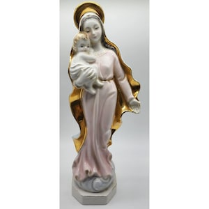 Antique Italy Gilded Gold Mary Madonna with Baby Jesus Porcelain Statue 13&quot;