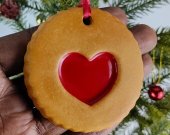 Ceramic cookie ornament, heart ornament, handmade ornament, pottery ornament, unique ornament, Christmas ornament, clay ornament