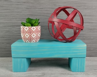Blue Stained Wood Riser, Handcrafted Pedestal Stand, Solid Wood Display Tray, Plant Stand, Kitchen Stand