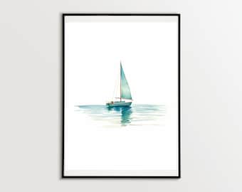Minimalistisches Segelboot Aquarell Gemälde, Küstendekoration, Giclée-Druck