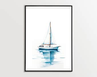 Minimalistisches Küstenaquarell vom Segelboot, das durch das Wasser gleitet, beste nautische Wanddekoration, Giclée-Druck